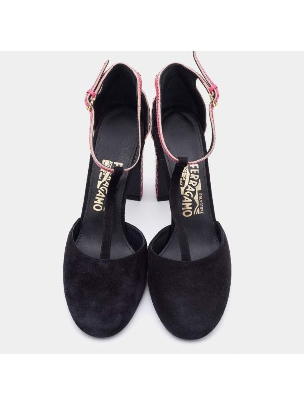 Salvatore Ferragamo Black/Pink Suede And Leather Fergie T-Strap Pumps - Picture 3 of 13